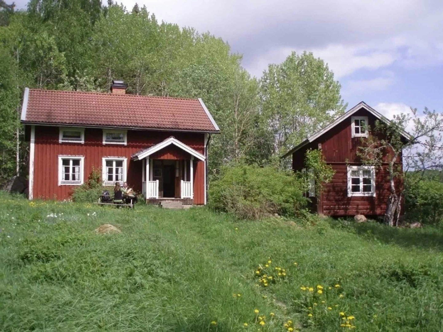 Traditional red wooden cottages with white trim surrounded by green grass, trees, and wildflowers on a sunny summer day.