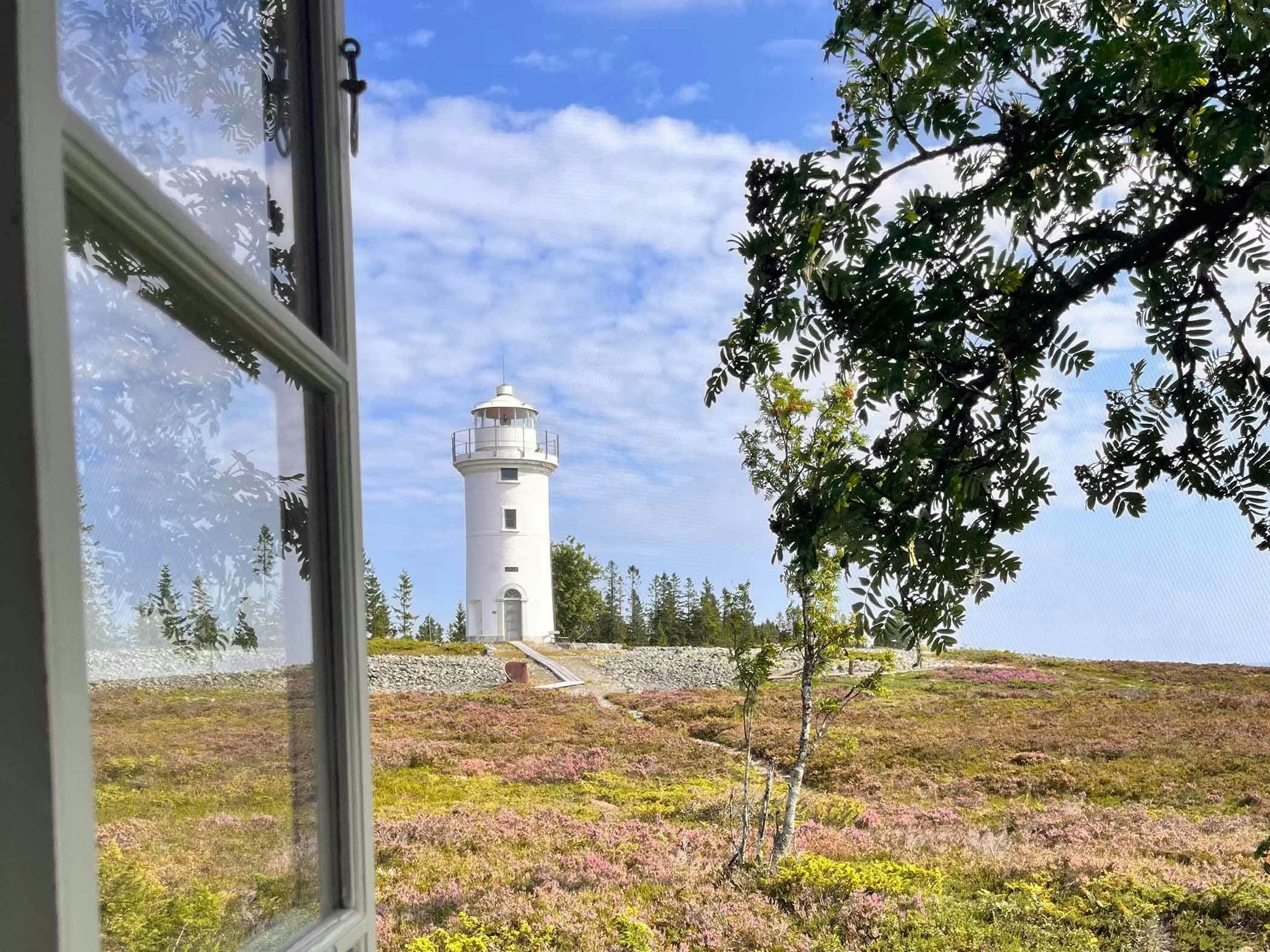 Vit fyr på kulle, sedd genom fönster med ljung i förgrunden och blå himmel.